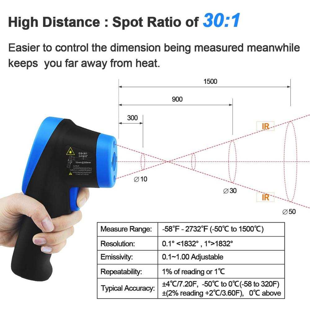 -50 ℃ إلى 1500 ℃ الليزر ميزان  - مراجعة Industrial Laser Thermometer Gun وسعره