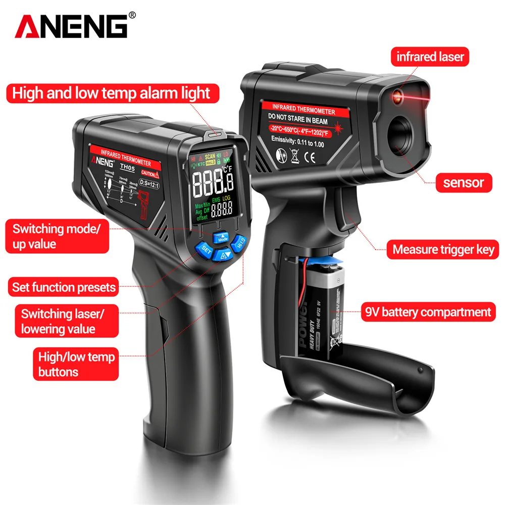 جهاز استشعار حراري رقمي ANENG  - مراجعة Industrial Laser Thermometer Gun وسعره